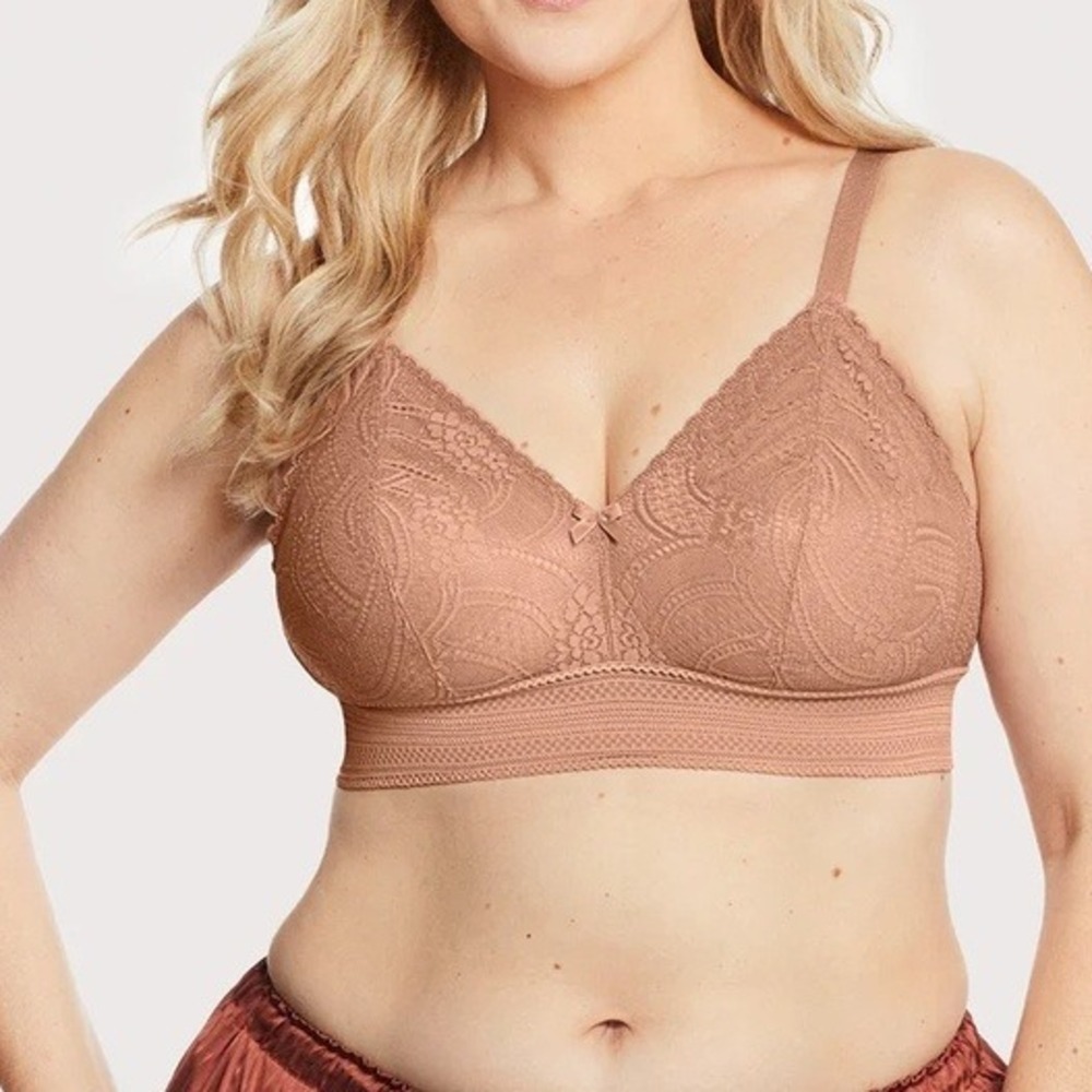 Glamorise Bramour Gramercy Luxe Lace Bralette Sz 42D Nude Tan Wireless Bra